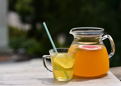 Drink in glass jar on table