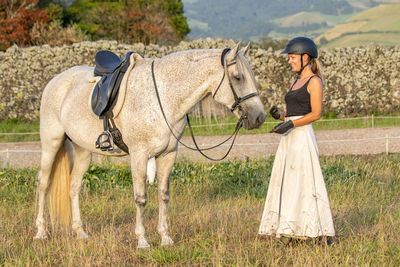 Lusitano mare, female dressage rider, saddle and bridle, helmet, on grass.