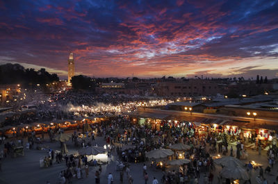 High angle view of city at sunset