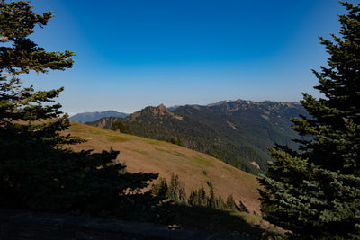 Scenic view of mountains against clear blue sky