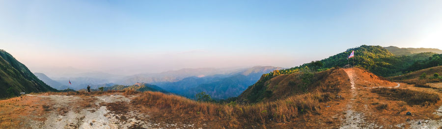 Panorama view on mountain in morning and cameraman enjoying the beautiful nature view.