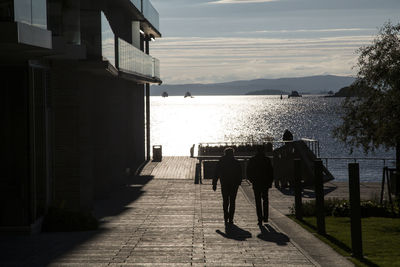 Rear view of people on sea against sky