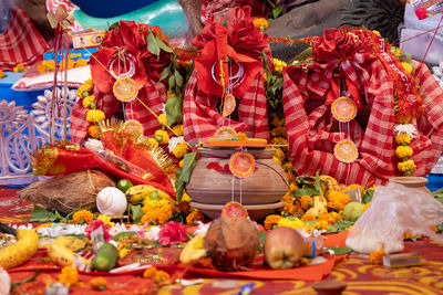 Holy kalash sthapana at hindu festival durga puja celebration at temple at day