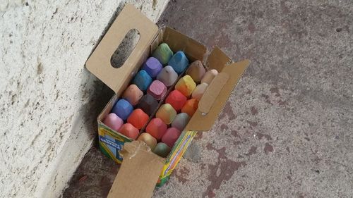 High angle view of colorful pencils