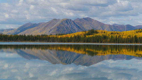 Scenic view of lake and mountains against sky