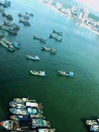 High angle view of boats in sea