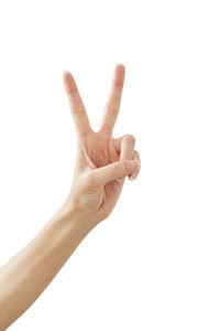 Midsection of person hand with text against white background