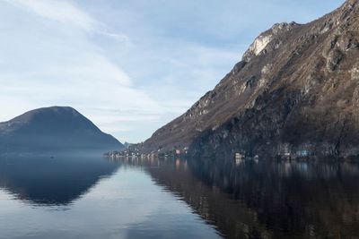 Scenic view of lake by mountains against sky