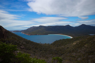 Scenic view of lake and mountains against sky