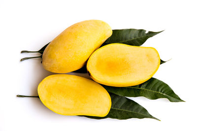 Close-up of fruits and leaves against white background