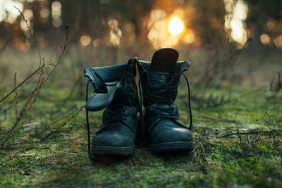 Close-up of shoes on field