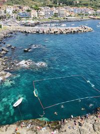 High angle view of sailboat on sea shore