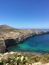 Scenic view of sea against clear blue sky