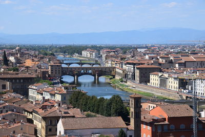 High angle view of river amidst buildings in town against sky