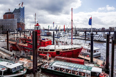 High angle view of harbor against cloudy sky