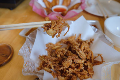 High angle view of food in plate on table