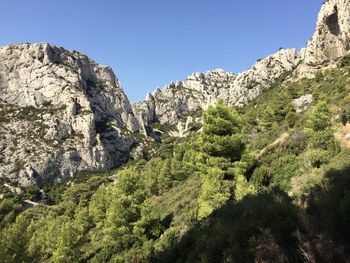 Scenic view of rocky mountains against clear sky