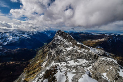 Aerial view of snowcapped mountains against sky