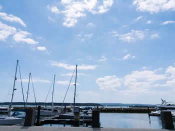 Sailboats moored at harbor