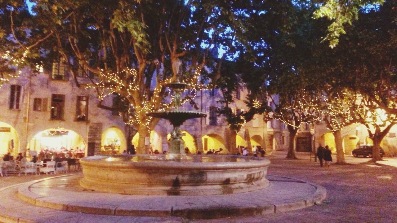 tree, building exterior, built structure, architecture, illuminated, street, incidental people, outdoors, city, lighting equipment, fountain, street light, footpath, shadow, park - man made space, sunlight, sidewalk, night, cobblestone