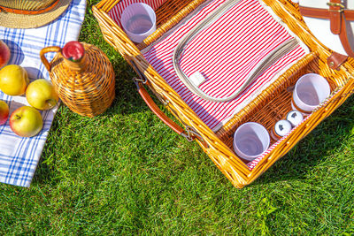 High angle view of candies in basket on field