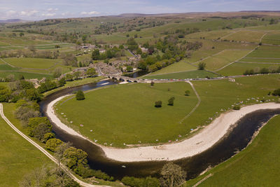 High angle view of agricultural field against sky