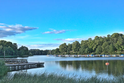 Scenic view of lake against blue sky
