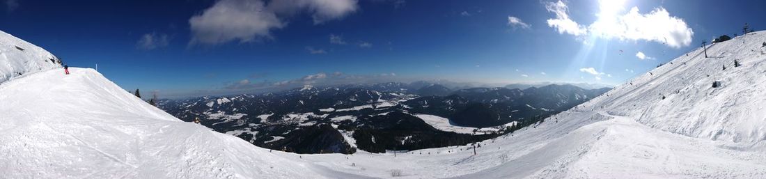 Panoramic view of snowcapped mountains against sky