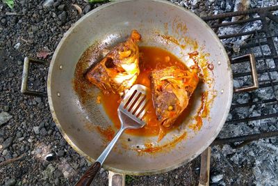 High angle view of food on barbecue grill