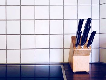 Knives on counter in kitchen