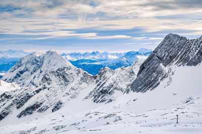 Scenic view of snowcapped mountains against sky