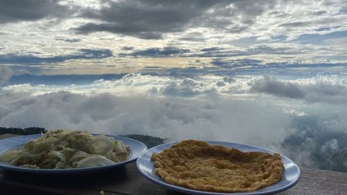 High angle view of meal served on table