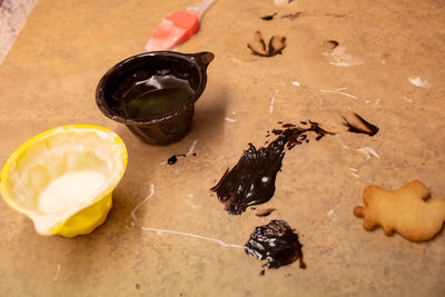 High angle view of chocolate cake on table