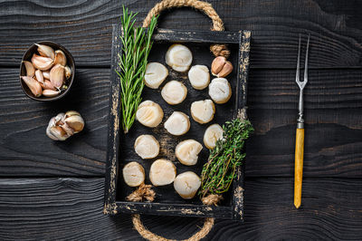 High angle view of mushrooms in container