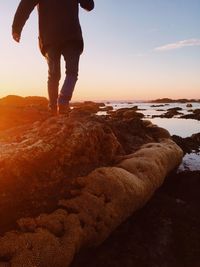 Low section of man standing on rock at beach