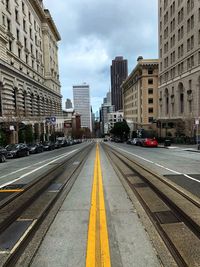 View of city street and buildings against sky