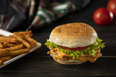 Close-up of burger on table