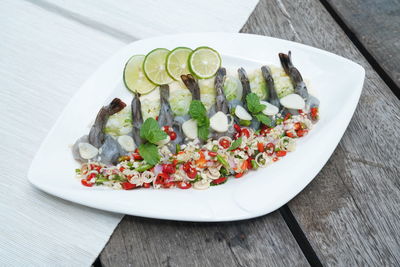 High angle view of food in plate on table