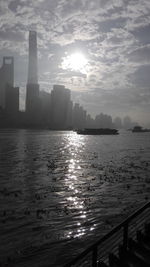 View of city at waterfront during sunset