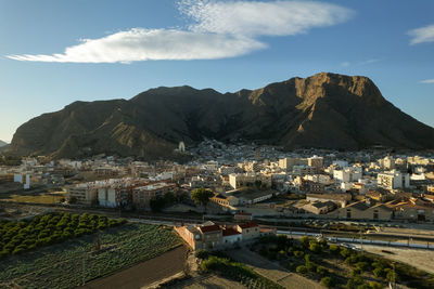 High angle view of townscape by mountain