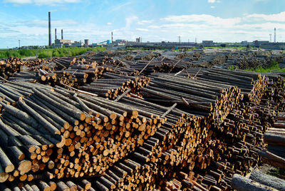 Stack of logs against sky