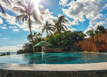 Palm trees by swimming pool against sky