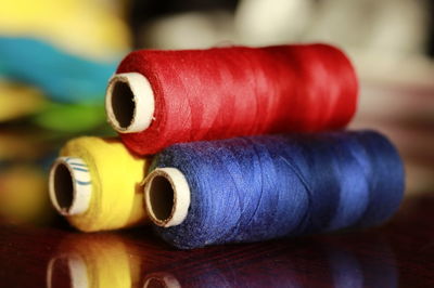Close-up of multi colored sewing threads