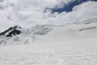 Scenic view of snow covered mountains against sky