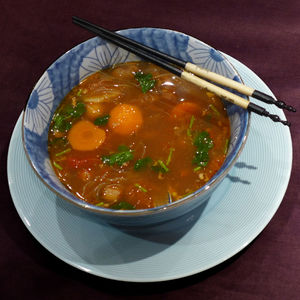 High angle view of food in bowl on table