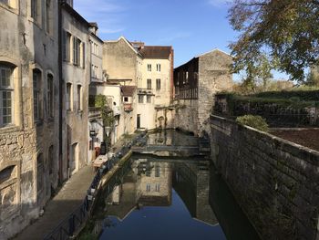 Buildings by canal against sky in city