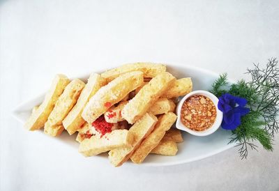 High angle view of breakfast served on table