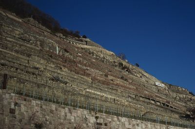 Low angle view of mountain against clear blue sky