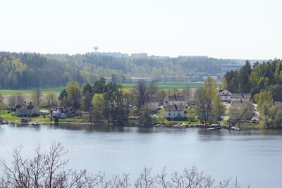 Scenic view of lake and trees against clear sky