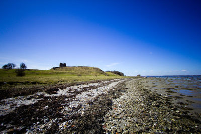 Scenic view of beach against clear blue sky